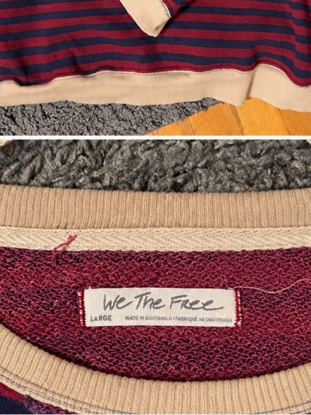We The Free Burgundy and Navy Striped Crewneck Sweater with Cream Trim